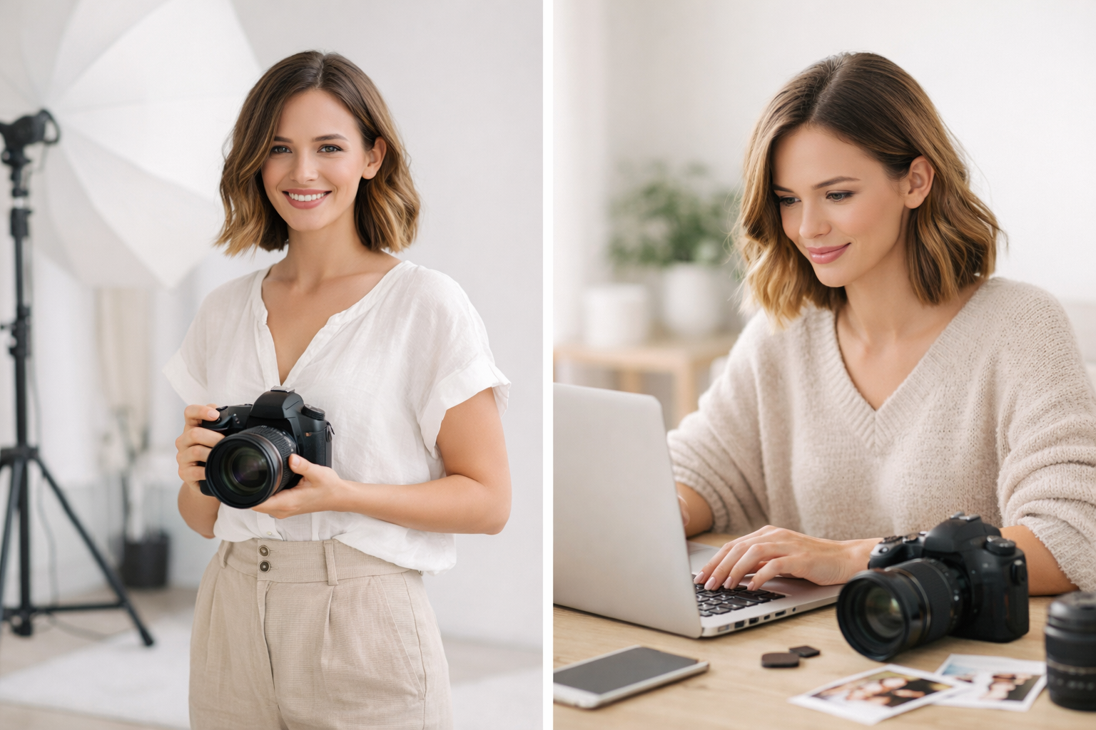 Female photographer sitting at a desk editing photos on a laptop, with camera equipment beside her in a light, modern workspace.
