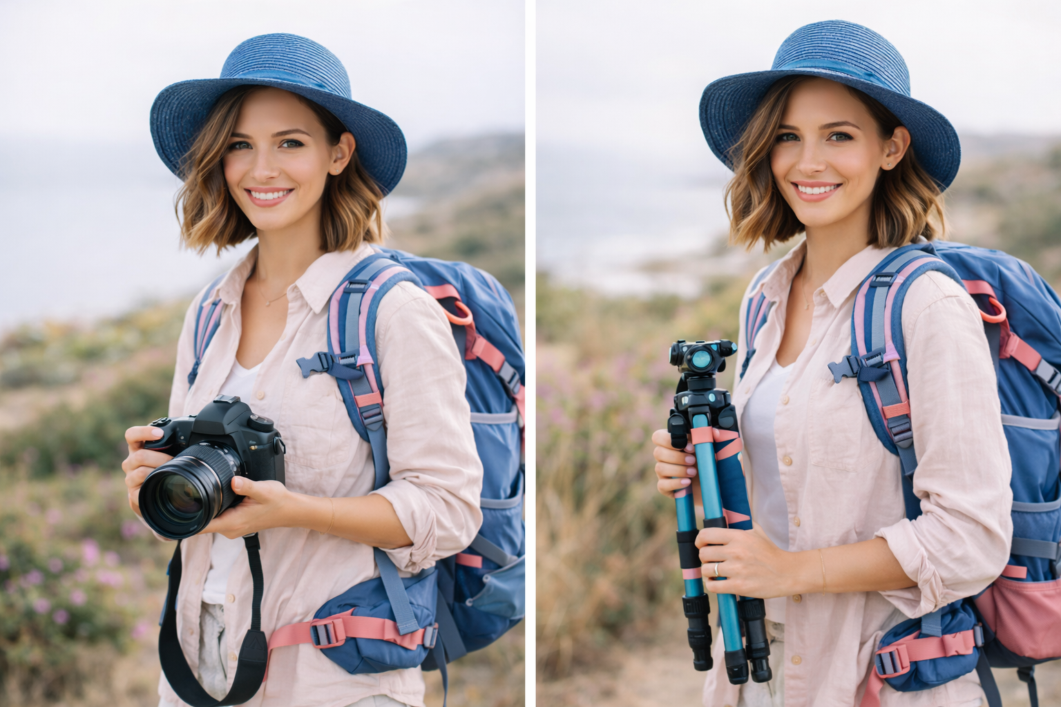 Female photographer standing in a bright studio holding a professional camera, smiling warmly with soft natural lighting.