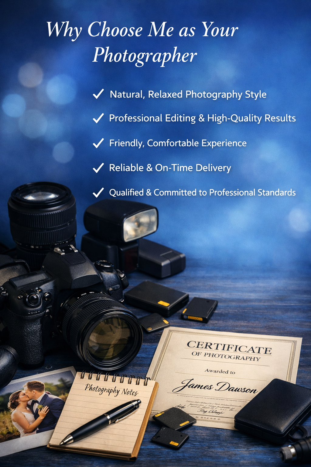 “Professional freelance photographer in Melbourne showcasing camera gear, certificate, and photography notes under blue light background.”