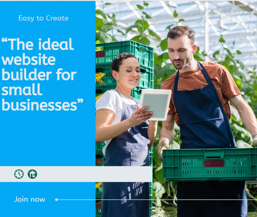 “Small business owners working together in a greenhouse while building their website using an online website builder.”