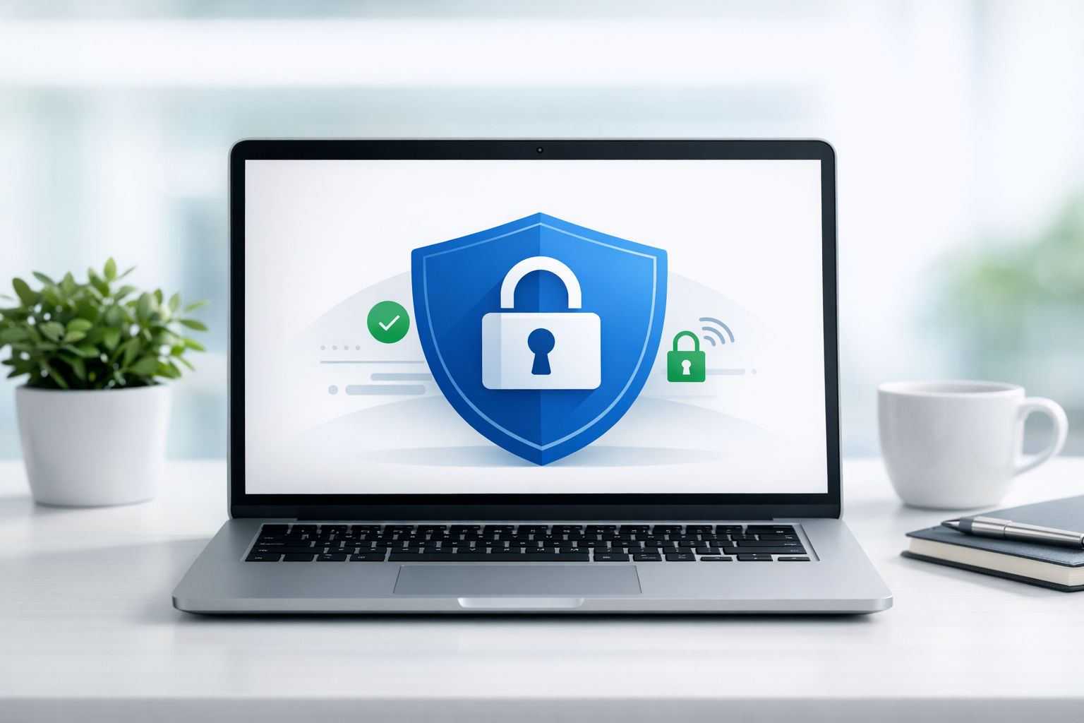 Modern laptop displaying secure connection shield with padlock icon, symbolizing SSL protection