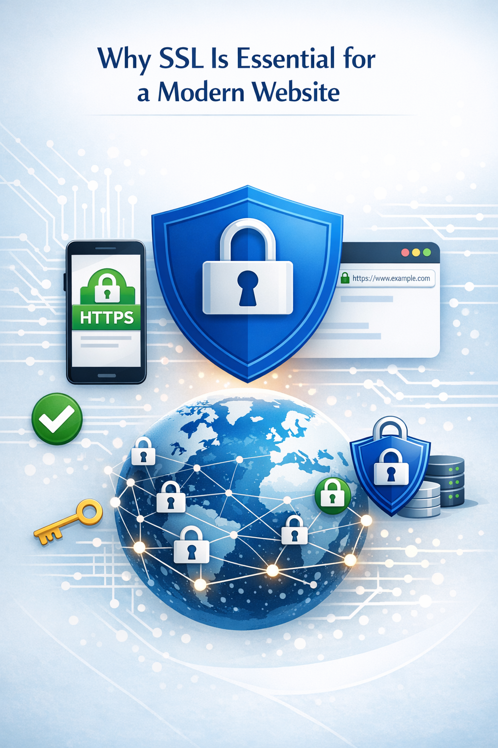 Infographic showing SSL benefits for modern websites with HTTPS padlock, secure browser, and global protection