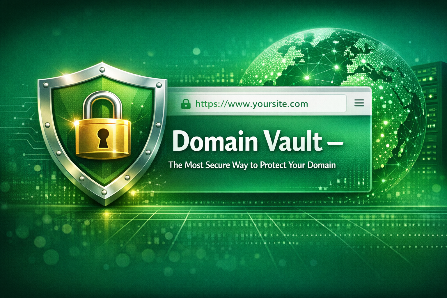 Illustration showing a secure browser with green padlock and shield, promoting Domain Vault — the most secure way to protect your domain.