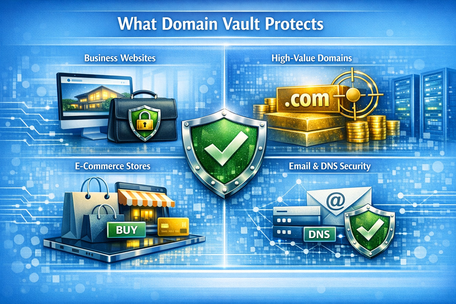 Infographic showing what Domain Vault protects — business websites, high-value domains, e-commerce stores, and email/DNS security — with a central shield icon and light blue digital background.