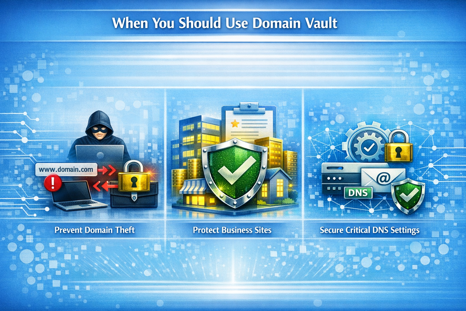 Infographic showing three scenarios for using Domain Vault — preventing domain theft, protecting business sites, and securing critical DNS settings — with a central shield icon and light blue digital background.
