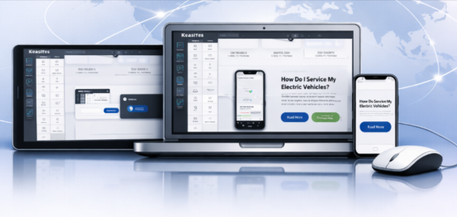 A computer screen displaying the Keasites website builder interface, highlighting the drag‑and‑drop tools and customization features for creating a professional website