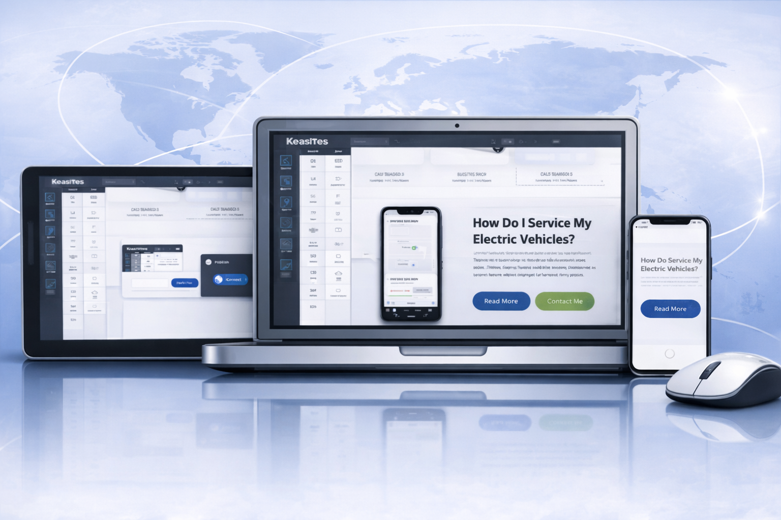 Keasites website builder hero image – responsive design preview on laptop, tablet, and mobile.