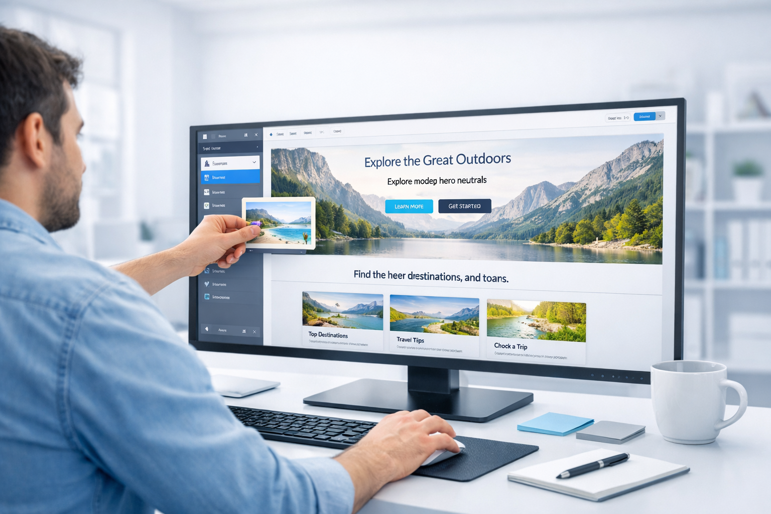 Person using a drag‑and‑drop website builder on a computer screen in a modern workspace, creating a clean web page with cool‑tone design and premium layout.
