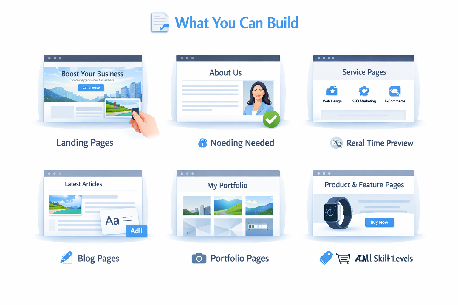  Infographic showing six types of webpages you can build with Keasites, including landing, about, service, blog, portfolio, and product pages, each displayed with clean blue‑accented layouts and modern design examples.