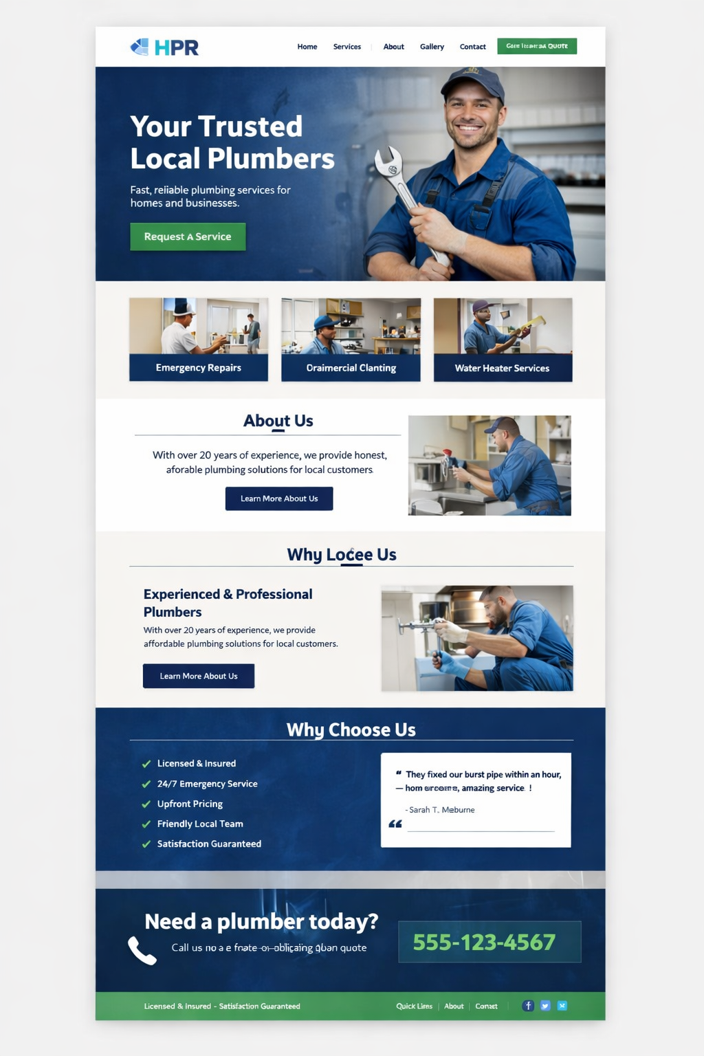 “Plumbing services website template for local plumbers offering emergency repairs, blocked drains, hot water system installation, and residential plumbing solutions