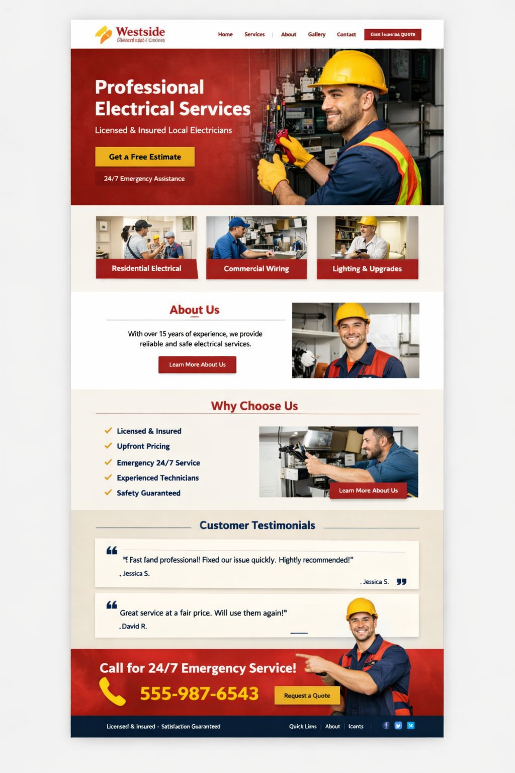 “Electrician services website template for licensed electricians offering electrical repairs, wiring installation, switchboard upgrades, and emergency electrical services