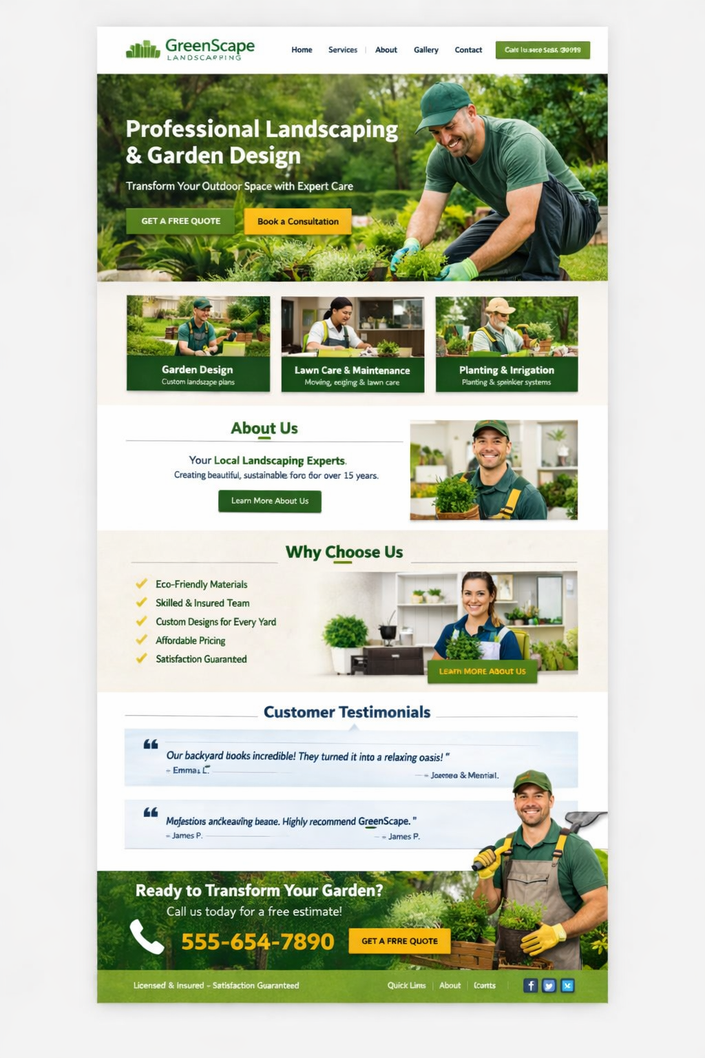 Landscaping and gardening services website template for lawn care, garden maintenance, and outdoor design businesses