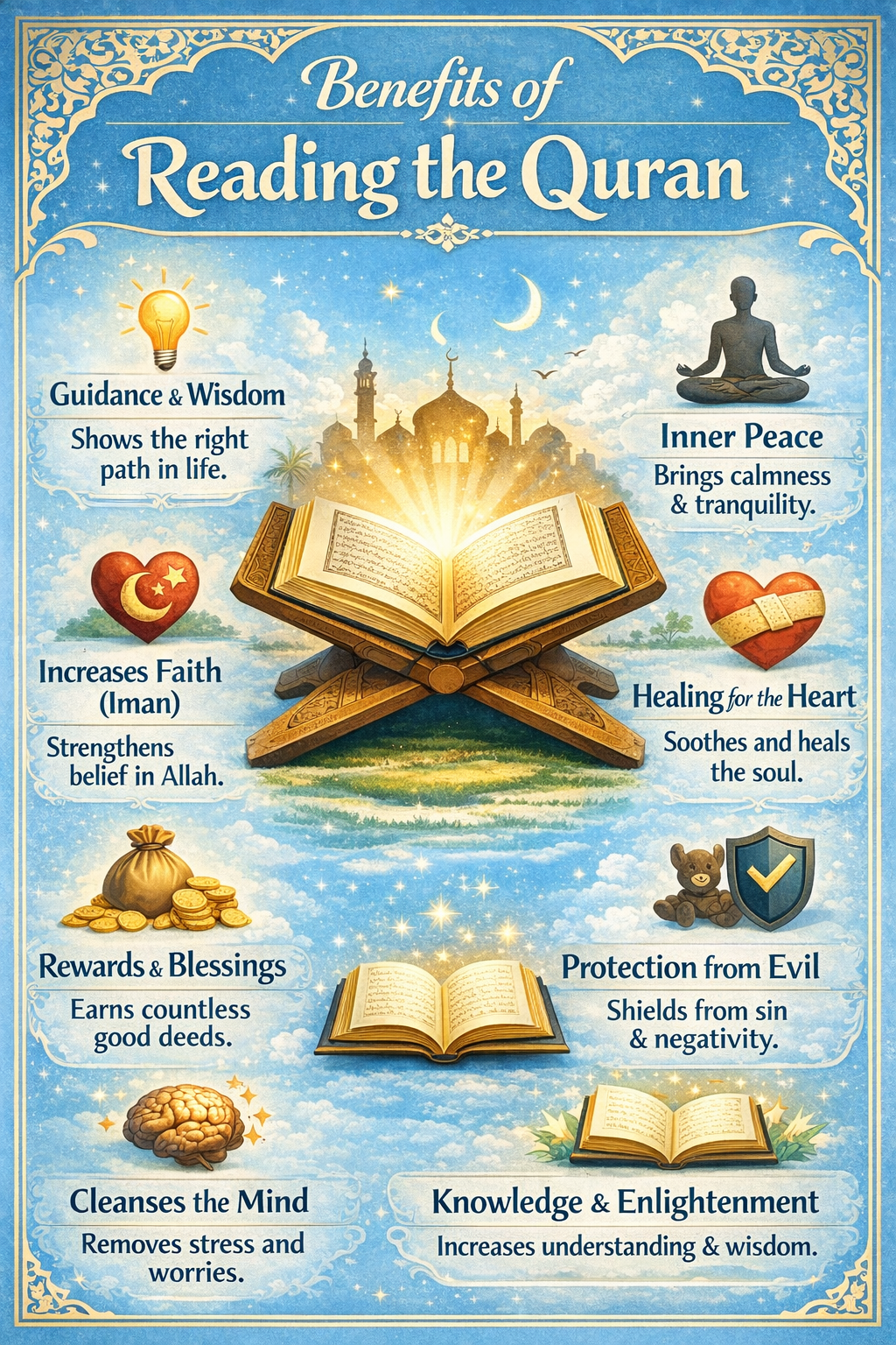 &ldquo;Infographic showing eight benefits of reading the Qur&rsquo;an, with icons and descriptions around a glowing open Qur&rsquo;an, including guidance, inner peace, increased faith, healing, blessings, protection, mental clarity, and knowledge.&rdquo;