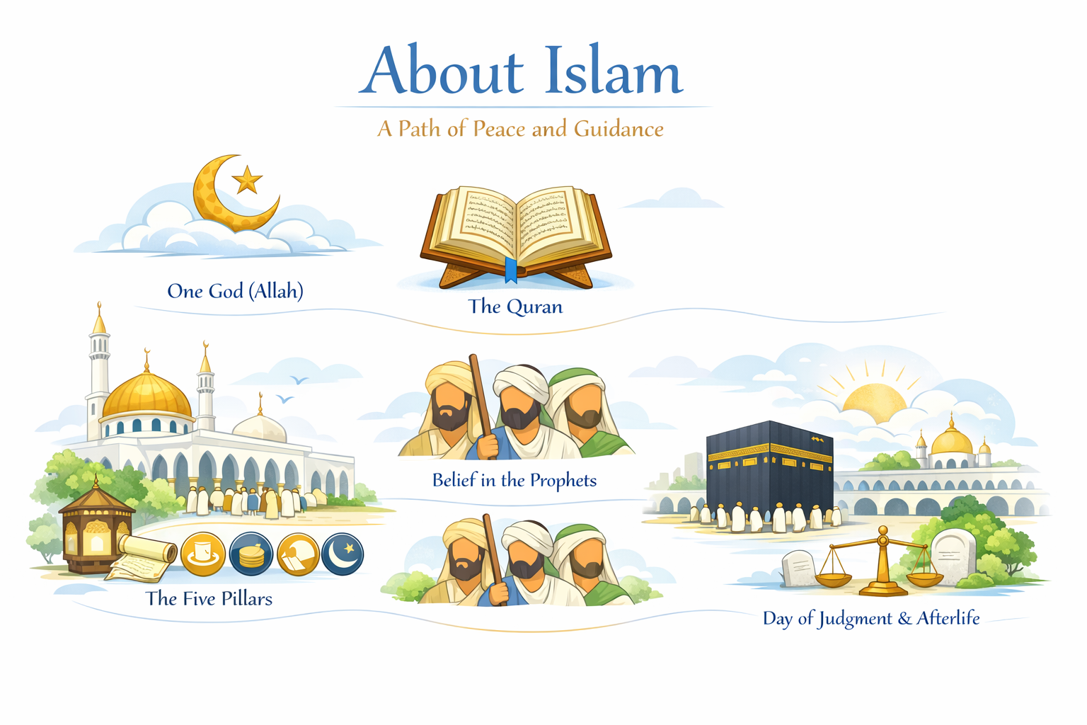 &ldquo;About Islam &ndash; A Path of Peace and Guidance,&rdquo; showing key Islamic beliefs: One God (Allah), the Quran, the Five Pillars, belief in the Prophets, and the Day of Judgment. Includes icons of a crescent moon, open Quran, mosque, Kaaba, and peaceful sunrise. No human figures are shown.