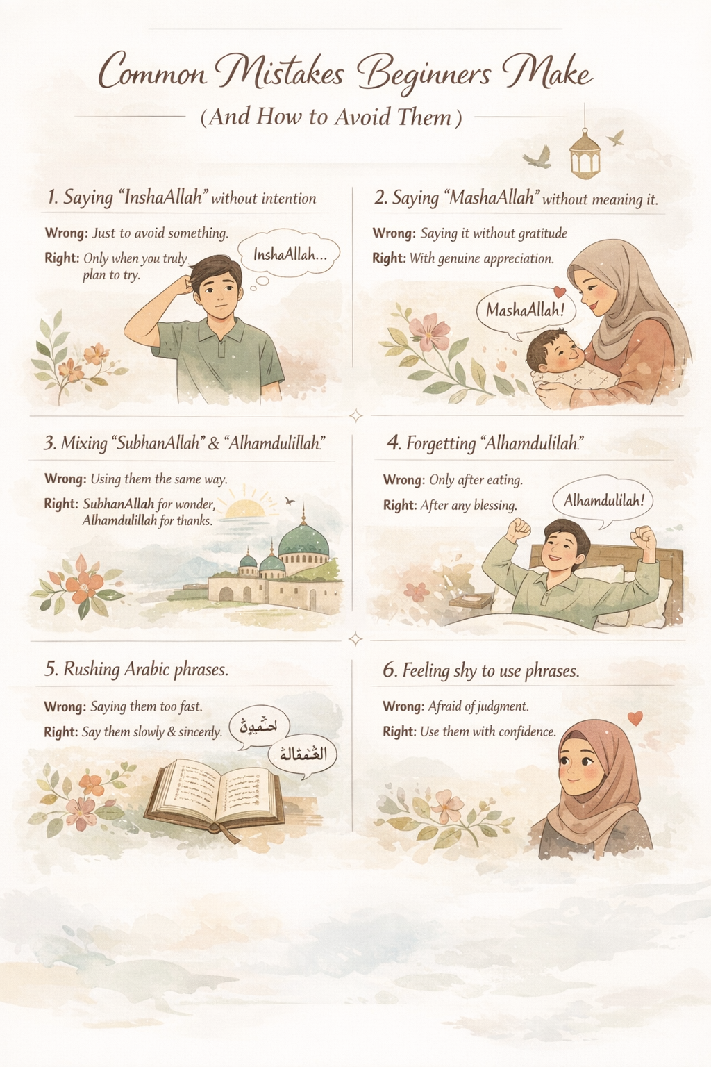 Infographic showing 6 common mistakes beginners make when using Islamic phrases like InshaAllah, MashaAllah, SubhanAllah, and Alhamdulillah &mdash; with gentle illustrations and clear corrections. Includes peaceful visuals of daily life, speech bubbles, and soft floral elements in a light vertical layout.