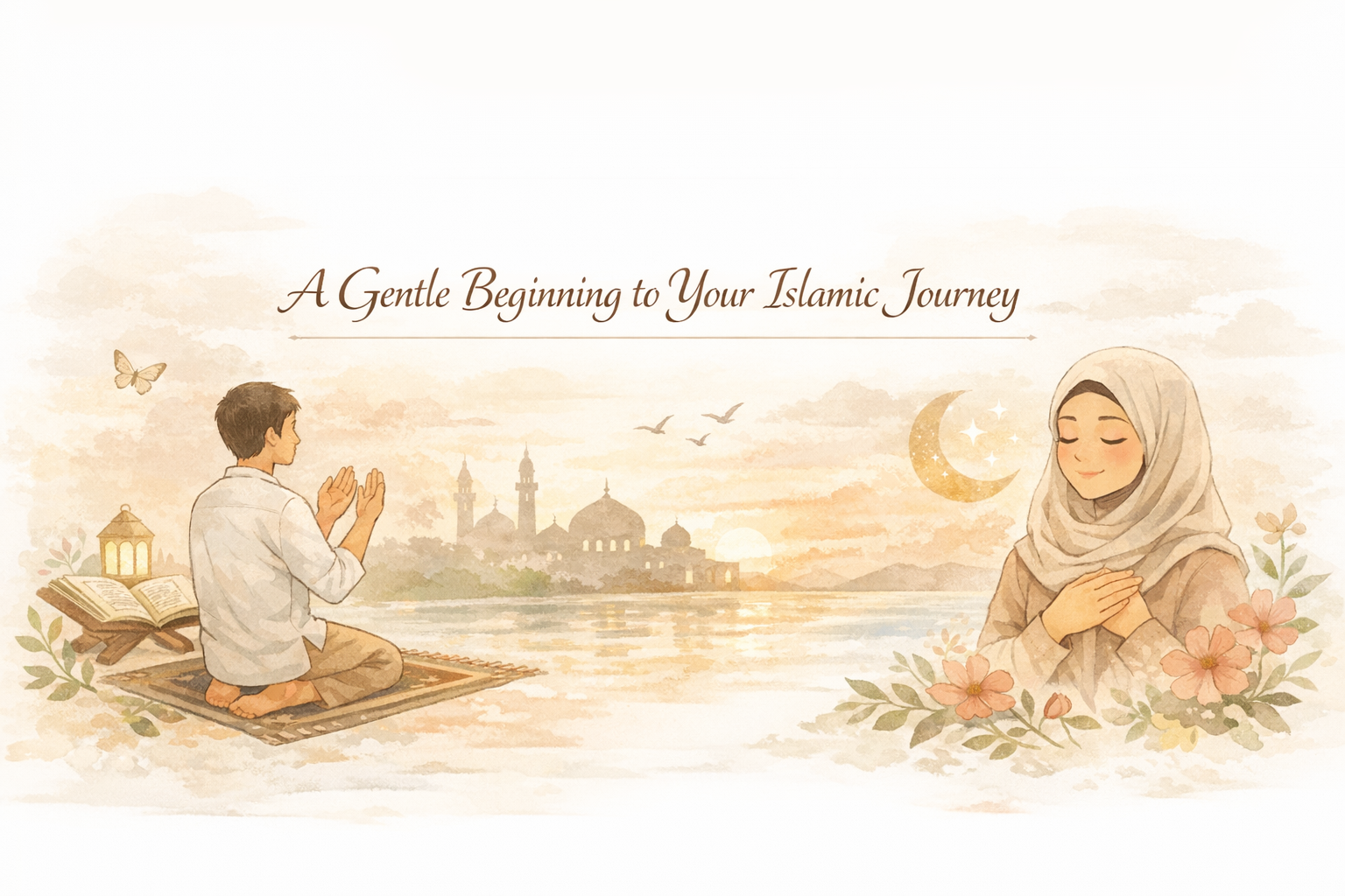 Wide, light‑coloured Islamic illustration showing a peaceful conclusion scene with a man praying on a mat, an open Quran with a lantern, a serene mosque silhouette, birds in the sky, and a woman smiling with her hand on her heart &mdash; symbolising calmness, gratitude, and the beginning of a gentle Islamic journey.