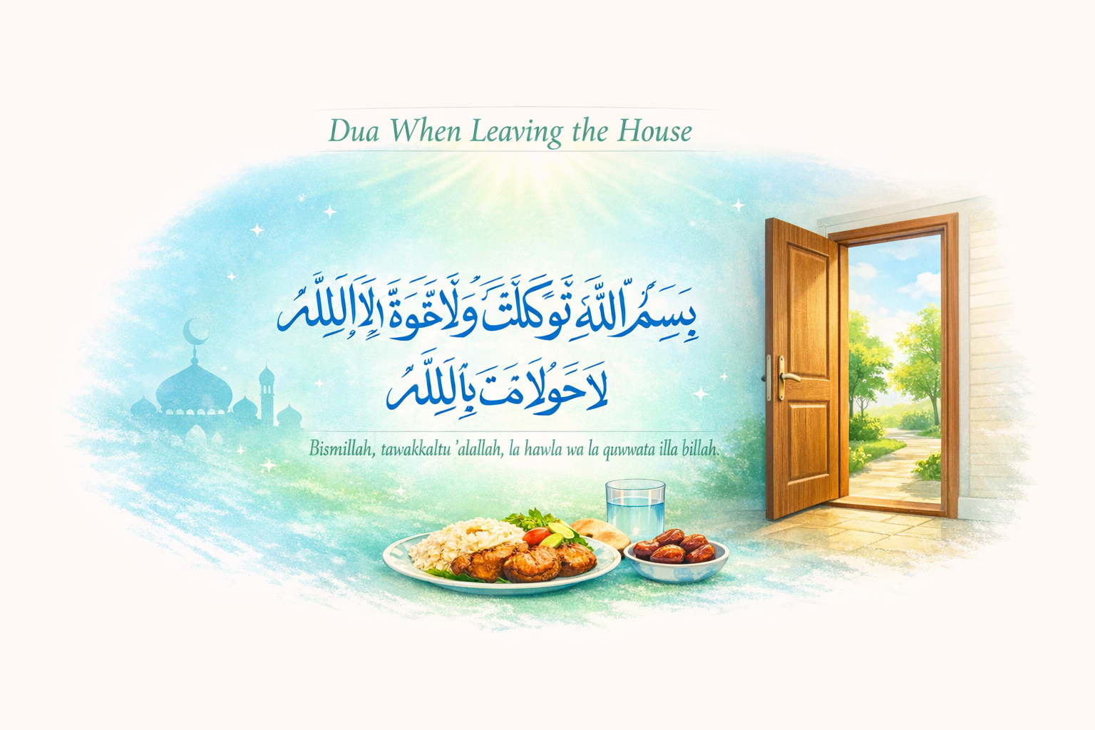 Elegant Arabic calligraphy of the Islamic dua when leaving the house, with soft blue-green background, open door leading to a garden, mosque silhouette, and a plate of food with water and dates.