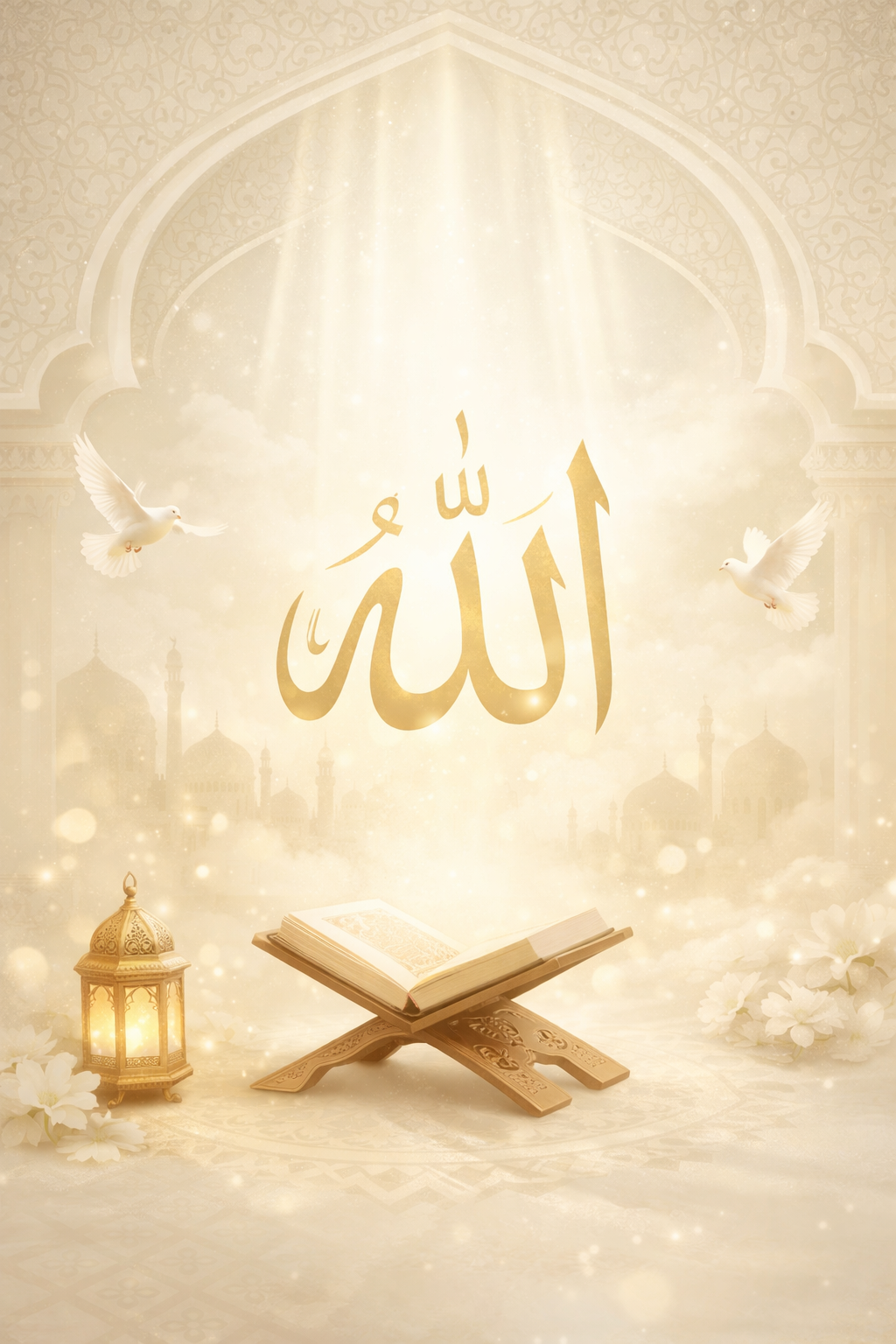 Elegant Islamic illustration showing the word Allah in golden Arabic calligraphy glowing under soft light, with two white doves flying near ornate arches, an open Quran on a wooden stand, and a lantern beside white flowers &mdash; symbolizing peace, faith, and divine light.